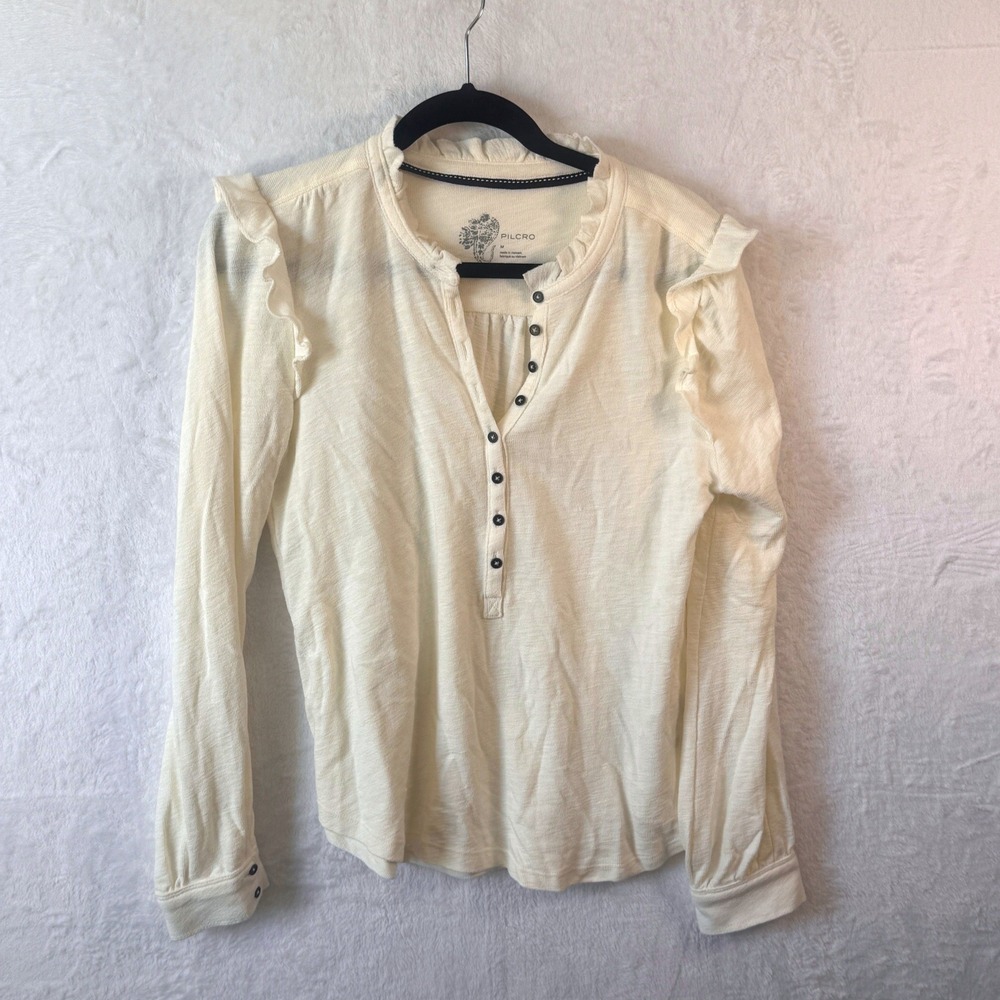 Pilcro‎ Henley Top Ruffle Shoulder Medium Cream Women SZ M